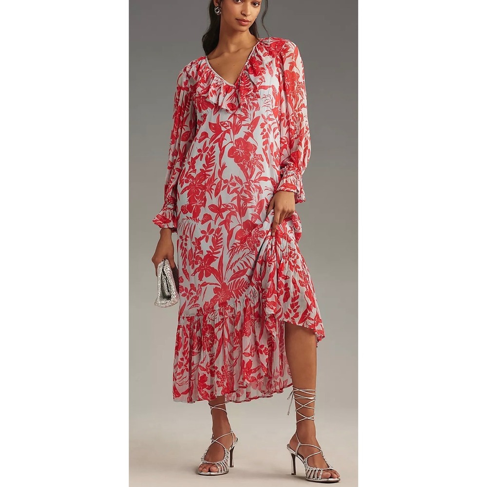 Anthropologie Red Tropical Floral Chiffon Ruffle V-Neck Maxi Dress XXS
Romantic